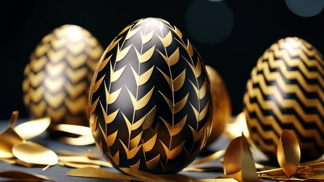 Black Easter eggs with handmade gold pattern. Hand-painted eggs. Trend. concept of a happy Easter.