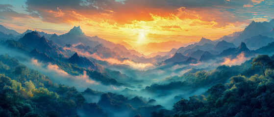 Mountaintop Sunrise: A majestic mountain range bathed in the golden hues of a breathtaking sunrise, mist swirling through the valleys like ethereal smoke.