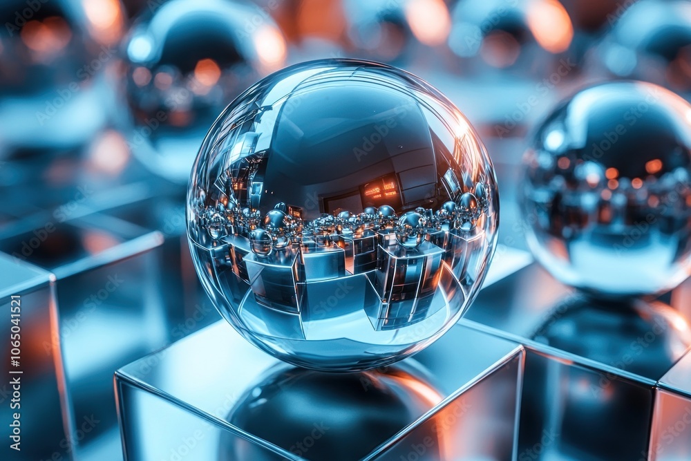 Poster reflective sphere resting on metallic cubes with blurry background