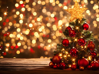 Decorative 3d glitter and shinning golden and rose gold background with christmas tree on wooden floor, premium