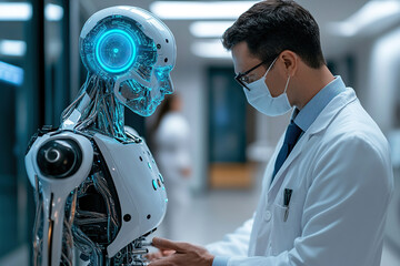 Fototapeta premium A male doctor in a white coat sets up his robot assistant before work. Concept of artificial intelligence in medicine. Generated by artificial intelligence