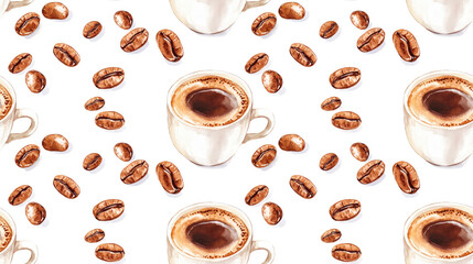Obraz premium Seamless pattern of a hand drawn watercolor mug filled with aromatic coffee alongside roasted beans ideal for decorating coffee shops and menus