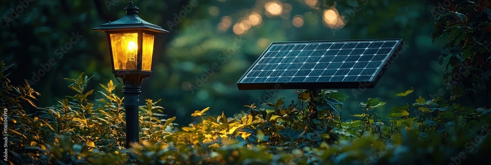 Poster a solar panel powers a light in the forest