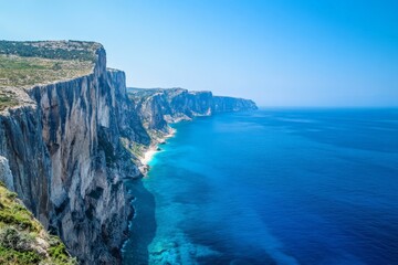 Stunning high cliffs tower against a backdrop of vibrant turquoise ocean waters, capturing the raw beauty and dramatic natural scenery along a rugged coastline.