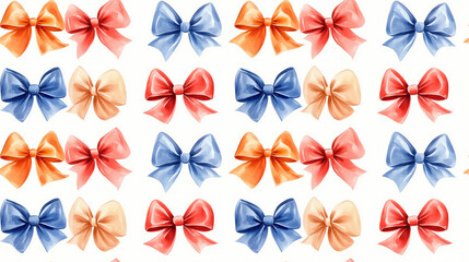 Seamless watercolor pattern of hand drawn decorative ribbon bows for festive cards and invitations