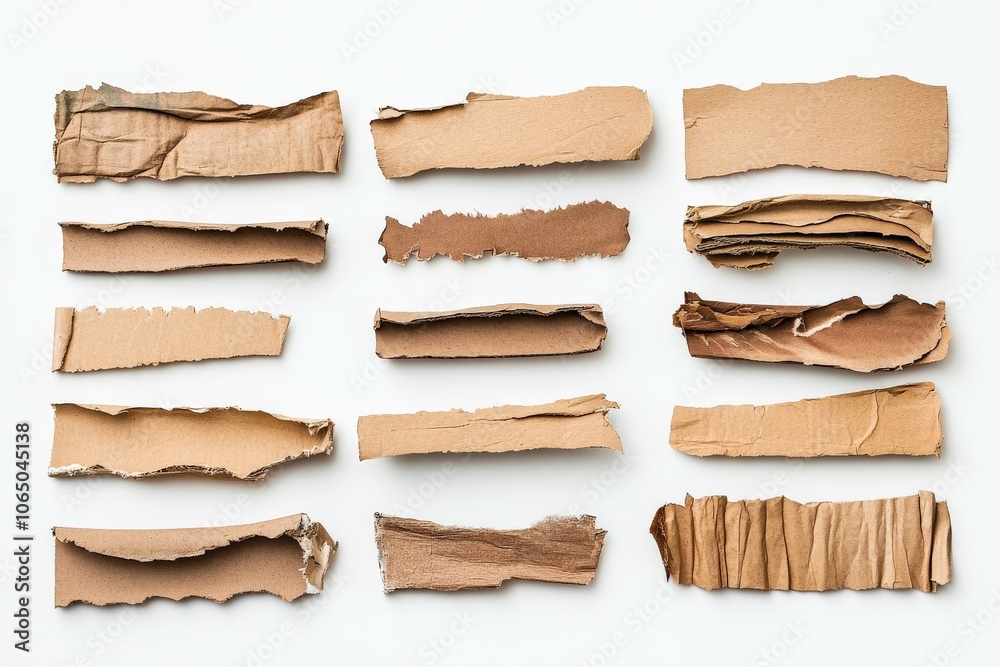 Poster this image captures an assortment of torn cardboard pieces meticulously arranged in three rows, high