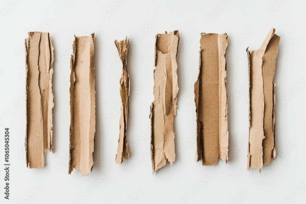 Poster five tall pieces of cardboard arranged vertically, each showcasing rough textures and layers, creati