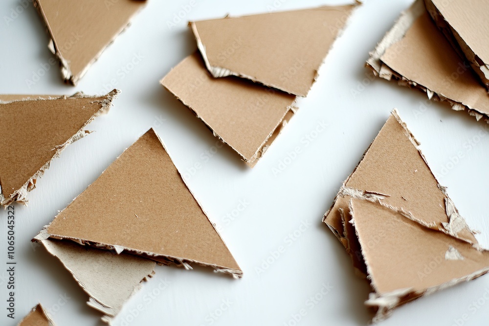 Fototapete A collection of small triangular cardboard pieces laid out, emphasizing geometric shapes and creating an aesthetically pleasing design with sharp edges on a muted background.