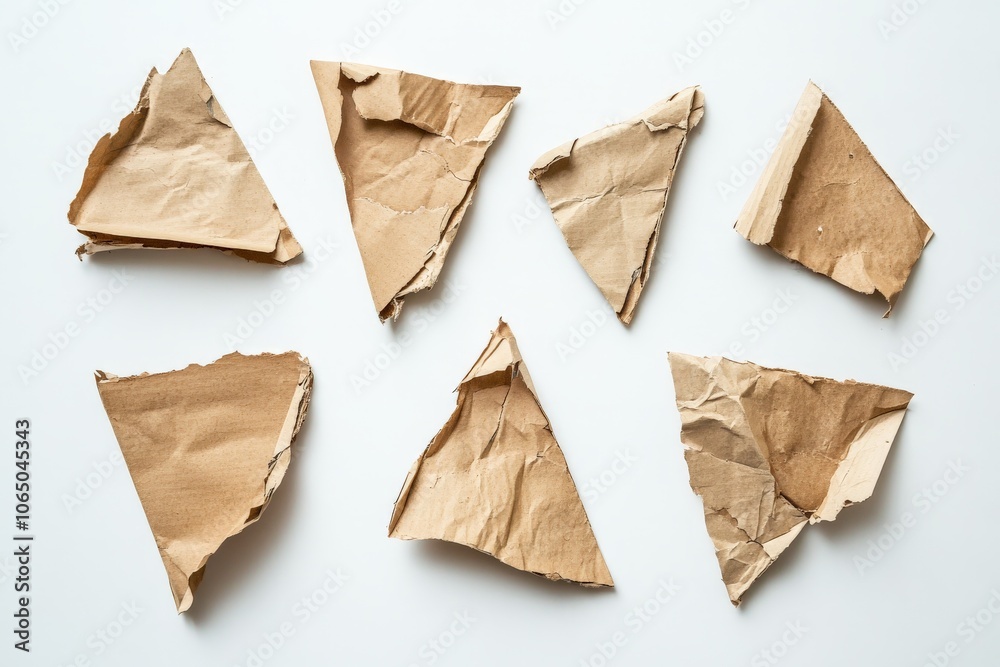Fototapete Crumpled triangular cardboard pieces scattered on a surface, each piece exhibiting rugged texture and earth tones, creating a dynamic composition with depth and interest.