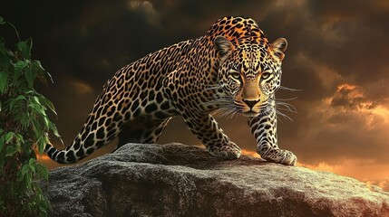 Obraz premium Majestic Leopard Perched Atop a Rock, Gazing Out with Piercing Intensity at Golden Sunset