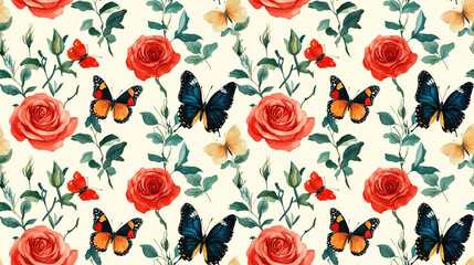 Naklejka premium Seamless watercolor pattern featuring realistic roses vibrant butterflies and lush plants for textile design home decor nature inspired art