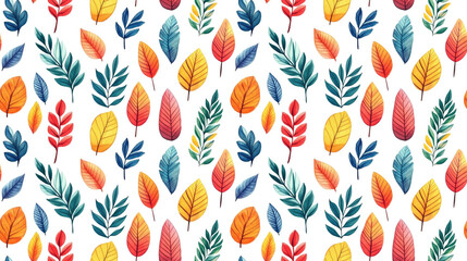Colorful leaf prints in a seamless pattern on a white background ideal for textiles fabric designs packaging and greeting cards