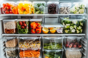 Organized refrigerator with fresh vegetables and fruits in clear containers