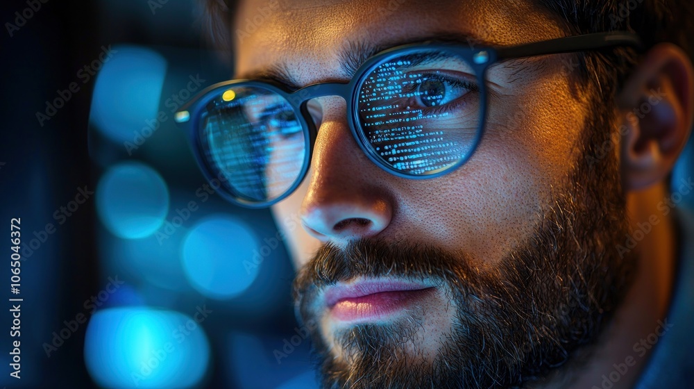 Poster Man with Glasses Reflecting Blue Computer Code