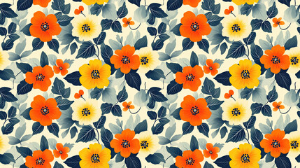 Obraz premium Seamless pattern featuring stylized flowers and leaves in vibrant colors ideal for textile design and home decor