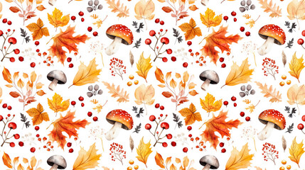 Vibrant seamless pattern featuring a large collection of watercolor autumn leaves berries and mushrooms on a crisp white background ideal for seasonal designs clipart fall decor