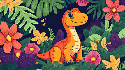 Obraz premium cartoon scene with happy dinosaur in the jungle - illustration for children , Cute adorable baby dinosaur, fantasy style of children , baby dragon illustration 
