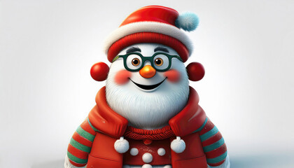 Fototapeta premium cute animal in a Christmas hat and scarf stands in a snowy and looks at the camera against the backdrop of isolate on white