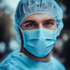 Close up Portrait of a Doctor Wearing a Surgical Mask and Cap