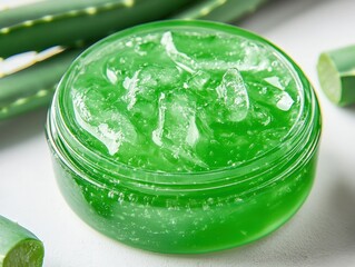 Close-up of a Jar Filled with Vibrant Green Aloe Vera Gel, Emphasizing the Texture and Freshness of the Natural Ingredient