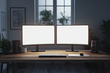 Two computers with white screen on home office desk suitable for mockups and presentations with plenty of copy space for your designs