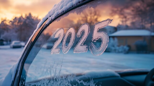Handwritten 2025 on Snowy Car Window, handwriting, snow, finger, winter