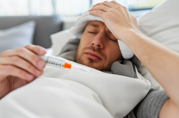 Man with Cold Taking Temperature in Bed