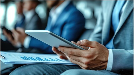 Obraz premium Close-up of a Man's Hand Holding a Tablet and Papers