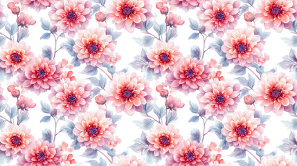 Seamless pattern of delicate dahlia flowers on a white background watercolor botanical illustration