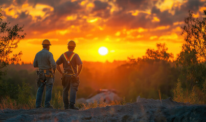 Fototapeta premium Worker in a hard hat on an abstract background.