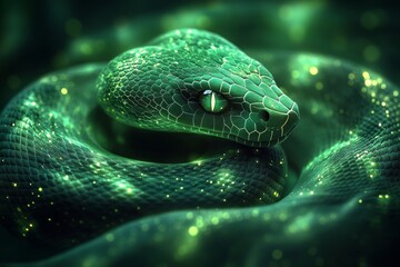  Green wooden snake, symbol of 2025, with smooth curves, wood grain, and radiant green hues. Generative AI