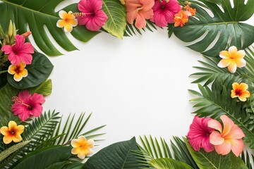 Obraz premium Tropical floral background with bright colored flowers and leaves, colorful flowers, leafy, floral patterns