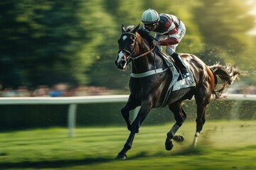 A jockey in black and white races a strong horse at full speed on a green track, capturing a thrilling moment of energy and competition on a vibrant day.