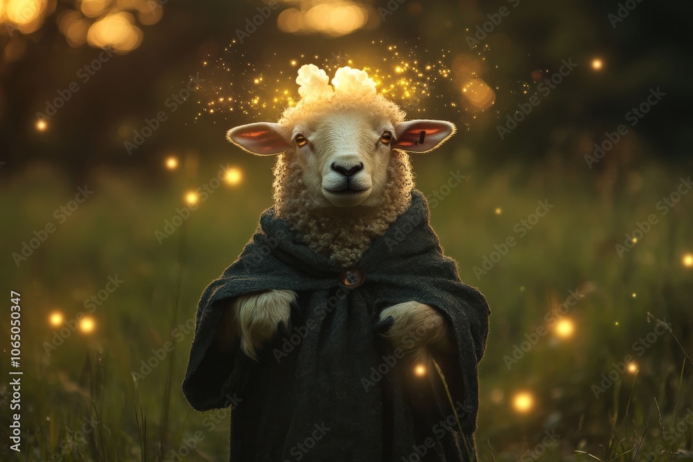 Aufkleber A sheep in a dark cloak stands in an enchanted setting with sparkles enveloping it at twilight, highlighting the magical and surreal atmosphere of the scene.