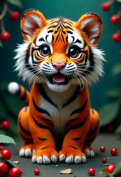 A young thig cub in orange and black stripes, with large expressive eyes and an adorable open-mouthed expression contrasted against a blurry natural background of red berries.