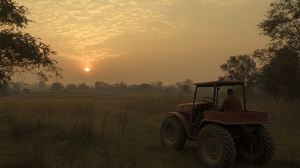 Fototapeta premium Early Dawn Tractor Driving Through Wide Open Field