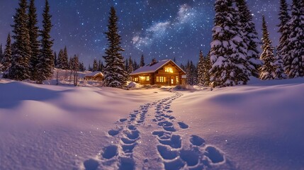 Fototapeta premium Snowy Path to a Cozy Cabin, snow, footprints, warm, light