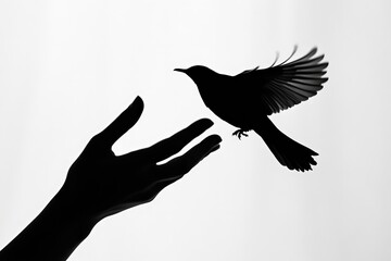 Obraz premium Silhouette image of a hand gently releasing a bird mid-air, set against a bright white background. The scene symbolizes freedom, release, and the beauty of nature.