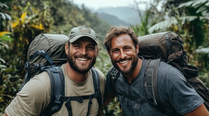 Fototapeta premium Two men with backpacks, confidently smiling in the lush jungle, showcasing exploration and camaraderie amidst the natural beauty of dense foliage and wilderness.