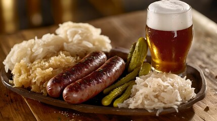 Oktoberfest Bratwurst and Sauerkraut Platter with Beer, pickles, food, celebration, German