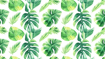 Seamless watercolor pattern of tropical leaves on a clean white background perfect for fabric design and stationery
