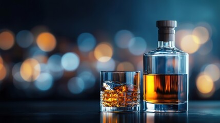 Elegant whiskey bottle and glass with ice on a bar