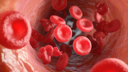 Fototapeta premium Close-Up of Red Blood Cells in a Blood Vessel, microscopic, biology, healthcare, anatomy