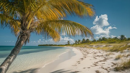 Fototapeta premium Serene Tropical Beach with Swaying Palm Trees, nature, sand, water, ocean