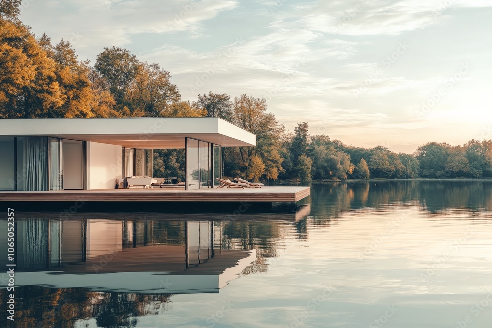 Poster a minimalist floating lake house with large glass windows and an expansive deck offers breathtaking 