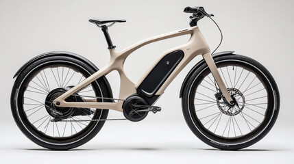 Fototapeta premium Modern electric bicycle with sleek design and integrated battery displayed on a neutral background. Features disc brakes, ergonomic handlebars, and aerodynamic frame.