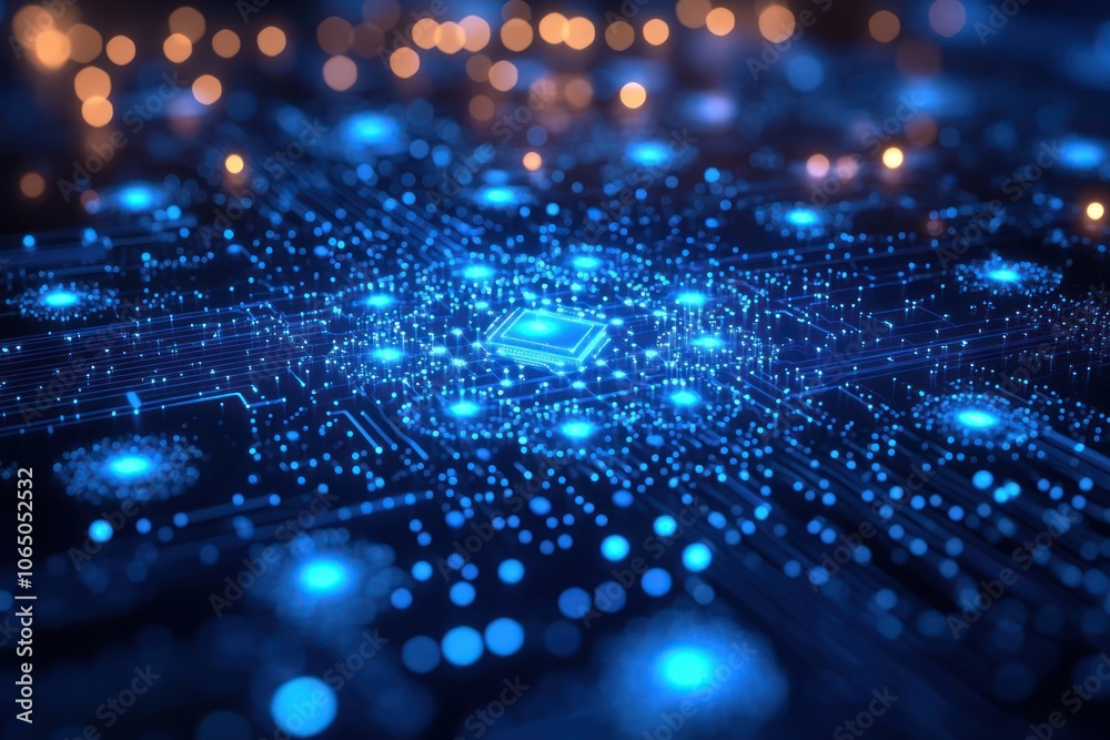 Poster blue glowing circuit board with a central processor