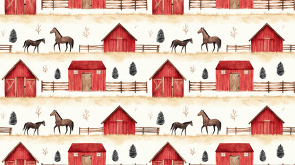 Fototapeta premium Seamless watercolor pattern featuring red barn houses horses and wooden gates perfect for farm themed wedding invitations