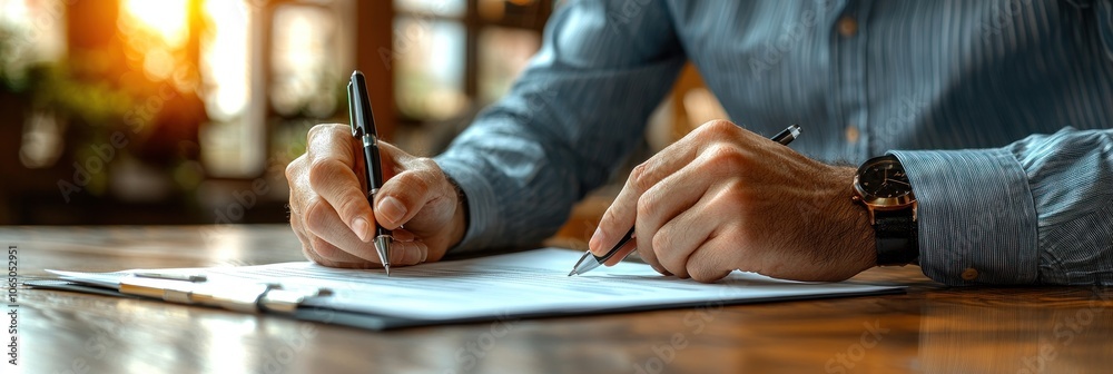 Poster close-up of a man's hand signing a document with a pen