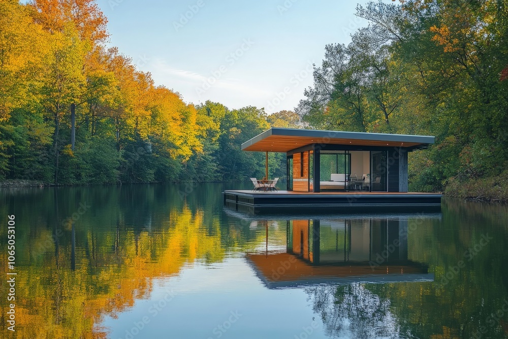 Poster A minimalistic floating cabin on a glassy lake, surrounded by colorful autumn trees. The reflections highlight the beauty of nature and modern design harmony.